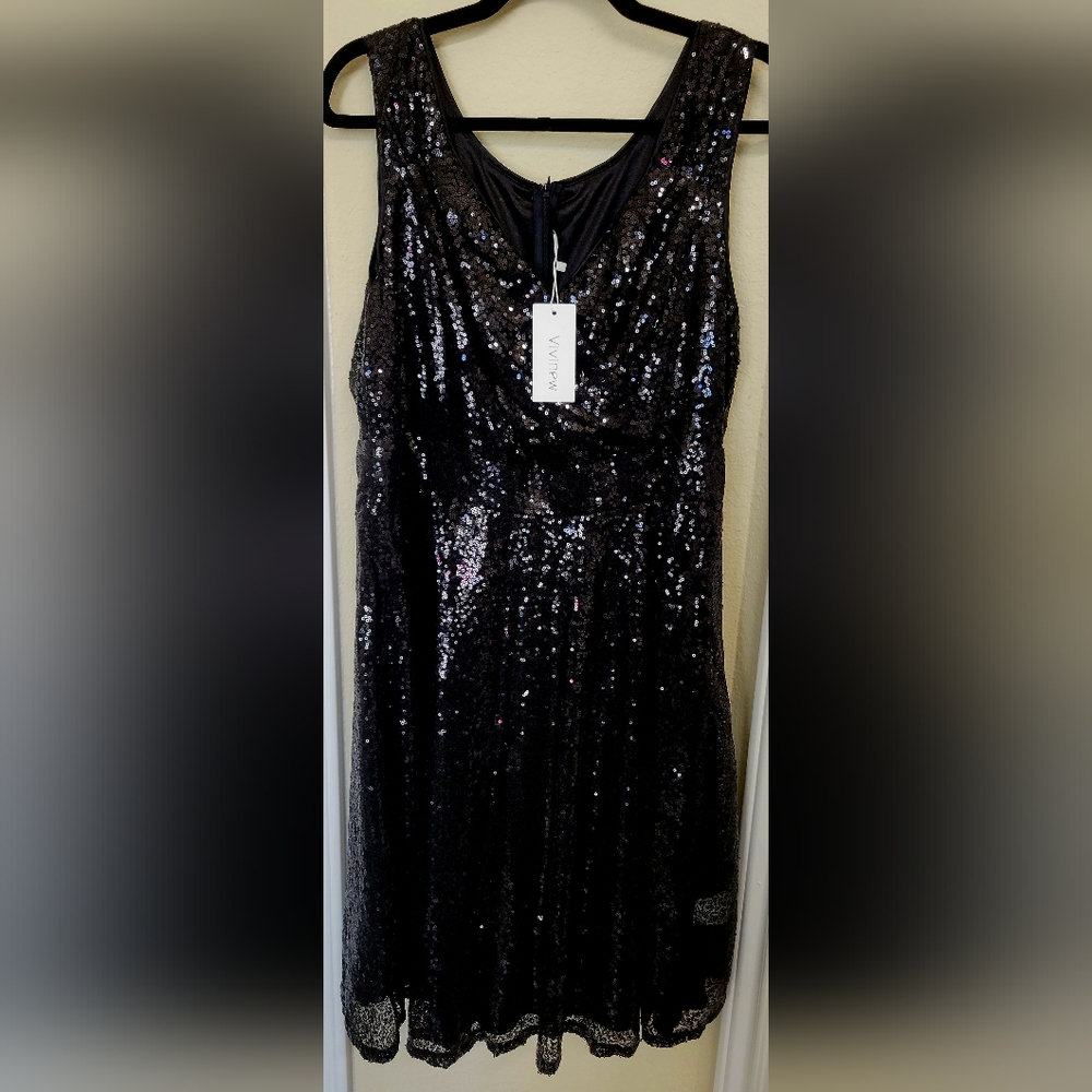 Vivinew Black Sequin Sleeveless Empire Waist Cocktail Dress NWT Size XXL…